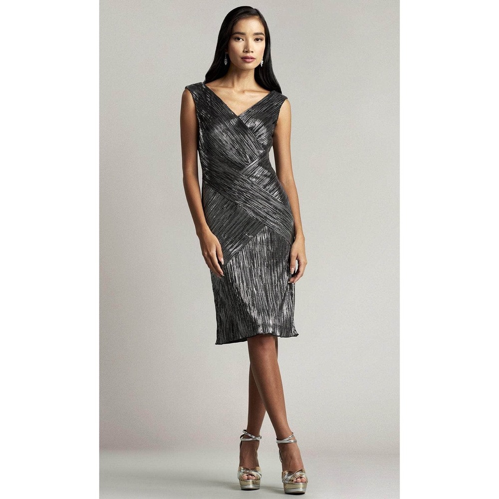 Tadashi Shoji CAS23907M Sleeveless Ruched Metallic V-Neck Midi Dress Silver 8